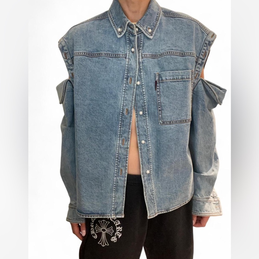 Hellessy Denim Jacket with cut out shoulders and pearl buttons